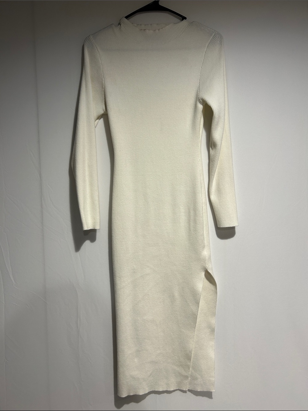 Cream Long-Sleeve Midi Knit Dress with Side Slit - Elegant Everyday